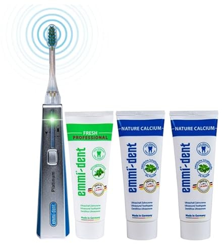 Emmi-dent Ultrasound Platinum Nature Sensitive Starter Set. Touchless Cleaning for Sensitive Teeth and Gums. Bundle Package Added 2 mild Ultrasound toothpastes. Rechargeable