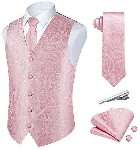 Rithern Gilet Homme Paisley Floral Jacquard Rose Gilets Sans Manches Cravate Poche Carré Ensemble avec Boutons de Manchette et Pince à Cravate Ensemble pour Mariage Fête d'affaires Ensemble Gilet XL