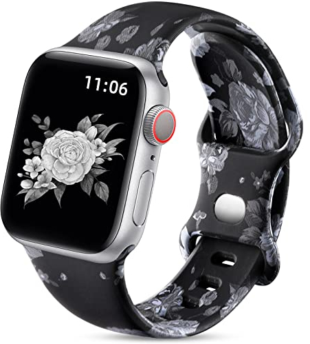 Upeak Doppelseitiges Blumenarmband Kompatibel mit Apple Watch Armband 38mm 40mm 41mm 42mm(Series 10), Silikon Armbänder für iWatch 10/9/8/7/6/5/4/3/SE, 38 40 41 42mm(Series 10)-S/M, Graue Blume