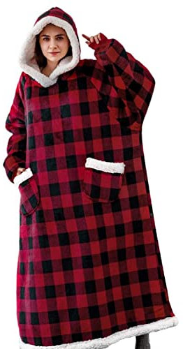iyoimono Hoodie Decke für DamenHerren Flanell Fleece Oversized Kapuzen Pullover Sweatshirt Kuscheldecke Flauschige Sherpa TV-Decke mit Ärmeln Übergroße Ganzkörperdecke(Rot schwarz Gitter,150cm)