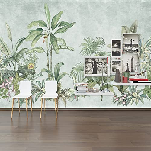 TANYANG Papier Peint Mural Personnalisé Aquarelle Peinte À La Main Plantes Tropicales Fond Vert Peinture Murale Décor À La Maison 300Cm(W)×210Cm(H)