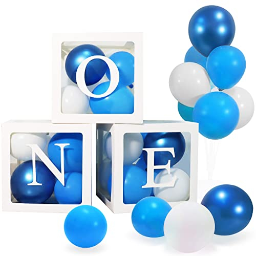 Party Dekoration für Jungen Mädchen, Jiosdo Ballon 'ONE' Boxen mit 24 Luftballon für Babyparty Geburtstagsdeko 1 jahr, Erster Geburtstag Hintergrund (Blau)