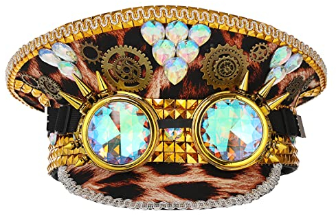 COSDREAMER Herren Steampunk Zylinder Hüte Pailletten Brille Militär Cap Punk Halloween Klassische Armee Militär Cap (Gold Leopard)