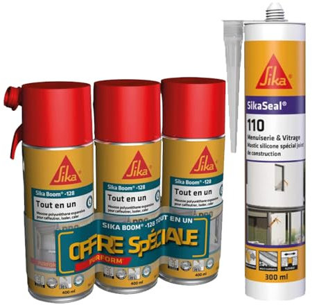 SIKA - Lot de 3x400ml, Mousse PU Moyen Format, Sika Boom 128, expansion 20L, Usage tous sens, Blanc + 1x Mastic Silicone Neutre, SikaSeal 110 Menuiserie et Vitrage, Multi-supports, 300ml, Blanc PVC