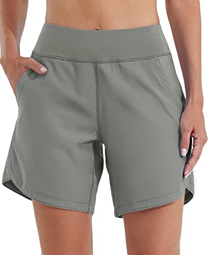 WILLIT Badeshorts Damen Badehose Schwimmen Boardshorts Schnelltrocknend Sommer Bikini Shorts High Waist Trunks UPF50+ UVA Schutz 7 mit Liner Taschen Grau Größe 36