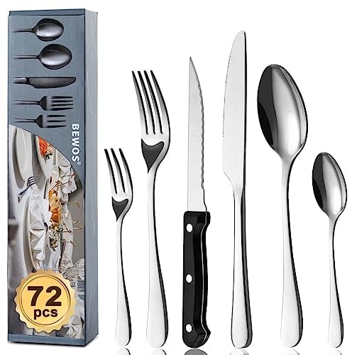 BEWOS 72-teiliges Besteck set mit Steakmesser Service für 12, Premium-Edelstahl-Bestecksets für Haus & Küche, Hochwertiges Messer-Löffel-Gabel-Besteck-Set Hochglanzpoliert, Spülmaschinenfest