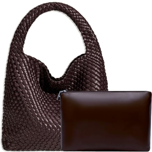 JINMANXUE Damen-Handtasche aus veganem Leder, handgewebt, modische Schultertasche, Top-Griff, All-Match-Unterarmtasche mit Geldbörse, Kaffee