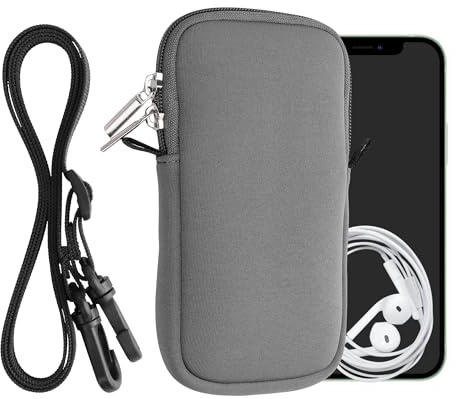 kwmobile Handytasche für Smartphones L - 6,5 - Neopren Handy Hülle Grau mit Kordel - Handy Tasche mit Handykette 16,5 x 8,9 cm Innenmaße