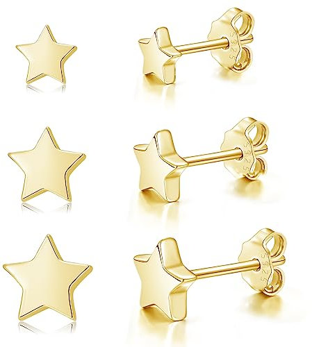 Loutade Damen 925 Sterling Silber Ohrstecker Set - 3 Paare Stern Ohrringe, Hypoallergen, Flach Knorpel, 4/5/6mm, Gold Set für Mehrere Ohrlöcher
