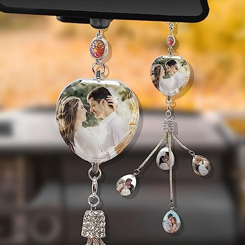 Personnalisé Pendentif de Retroviseur Voiture avec Photo et Texte Pendentif Voiture Retroviseur Femme pour Cadeau