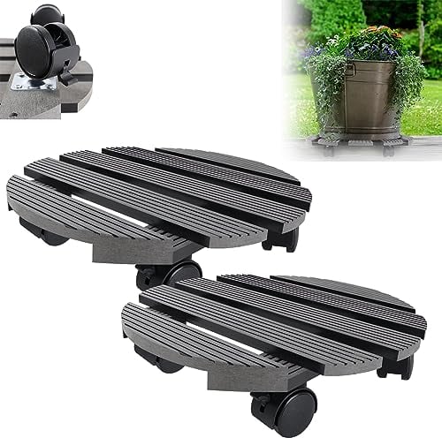 XMTECH 2x WPC-Pflanzenroller Witterungsbestaendig 100 kg Tragkraft, Pflanzenroller & Blumenroller ø30cm für Außenbereich + Innenbereich, Rollbrett Pflanzen, Untersetzer mit Rollen, Rund, Anthrazit