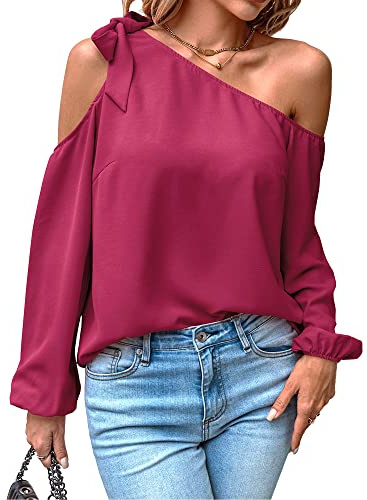 Toplop Women Long Sleeve Shirt Cold Shoulder: Elegant Sexy Tops Fall Spring Casual Tunic with Carmen Asymmetrical Neckline/Ruffle Round Neck