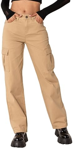 Nina Carter Q1885 Jean cargo stretch pour femme Taille haute Coupe droite, Beige (Q1885), M