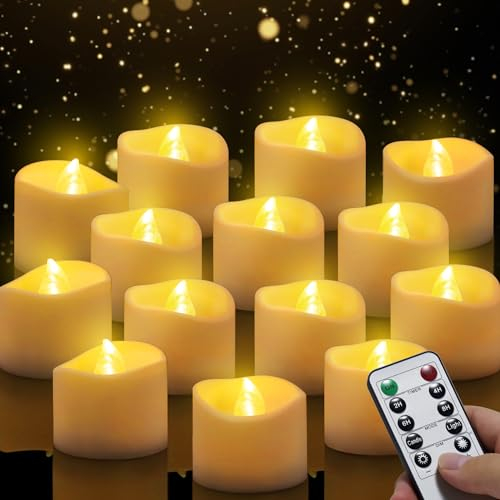 Velas de té LED, 14 unidades, sin llama, velas de té con mando a distancia con temporizador automático: 6 horas encendido y 18 horas apagado; luz cálida, 3,2 x 3,6 cm