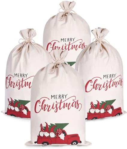 BRUBAKER Weihnachtssack Weihnachtsauto - Merry Christmas - 80 cm Geschenksack Weihnachten - Nikolaussack Sack Baumwolle mit Kordel für Geschenke - Gnom Familie im Auto mit Tannenbaum - 4 Stück