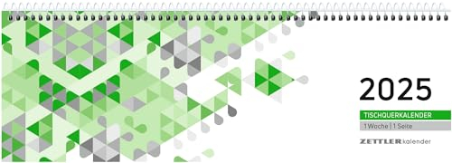 Zettler - Tischquerkalender 2025 grün, 29,6x9,9cm, Bürokalender mit 60 Seiten, Tages-, Wochen- und Zinstageszählung, Steuerterminen, Spiralbindung und internationales Kalendarium