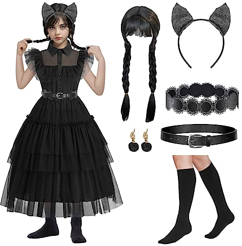 WILDPARTY Wednesd Adam Kostüm Damen, Mittwochs Kleid Katzenohr-Stirnband, Gürtel, Hüftgurt, Ohrrin, Perücke, Strumpf, Addam Family Kostüm Gothic Halloween Karneval Fasching Cosplay Party
