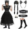 WILDPARTY Wednesd Adam Kostüm Damen, Mittwochs Kleid Katzenohr-Stirnband, Gürtel, Hüftgurt, Ohrrin, Perücke, Strumpf, Addam Family Kostüm Gothic Halloween Karneval Fasching Cosplay Party