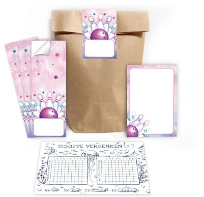 Minkocards Mitgebsel Kindergeburtstag Mädchen 12 Schiffe versenken + 12 Blöcke + 12 Geschenktüten (Natur) + 12 Aufkleber Bowling Kegeln Gastgeschenke für Mädchengeburtstag