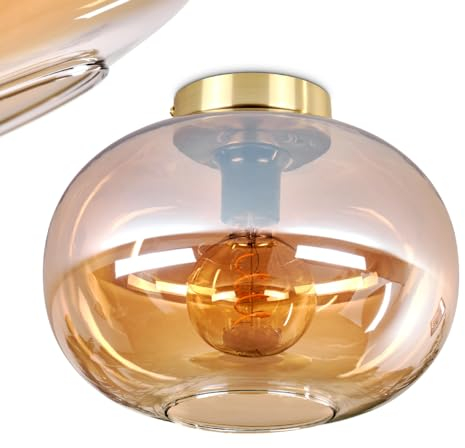 Deckenleuchte Apedo, Deckenlampe aus Metall/Glas in Goldfarben/Schwarz/Bernsteinfarben, Leuchte im modernen Retro/Vintage-Design mit Schirm aus Glas (Ø 30 cm), 1 x E27, ohne Leuchtmittel