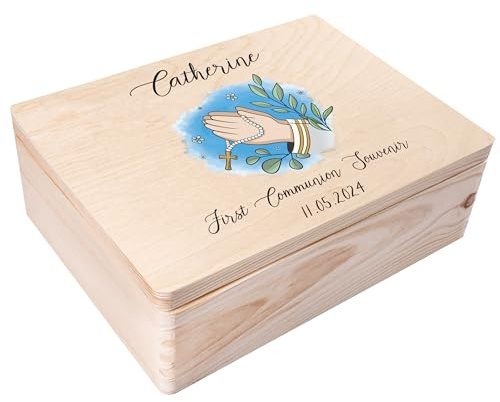 Creative Deco Personalisiert Kommunion Geschenke für Mädchen und Jungen | Holzkiste | Engel Motiv | Individuelle Geschenk Erinnerungsbox | Erstkommunion Deko