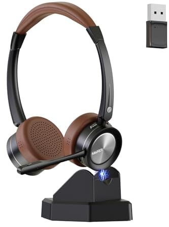 Mairdi Bluetooth Headset mit Mikrofon Noise Canceling, Stereo Wireless Headset mit Ladestation, mit USB Bluetooth Adapter für Handy PC Call-Center Büro Zoom Microsoft Team Skype Chat