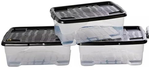 Pluto Packaging Pack Of 5 Underbed 30 Litre Clear Stackable Nestable Home Office Transparent Containers With Black Lids