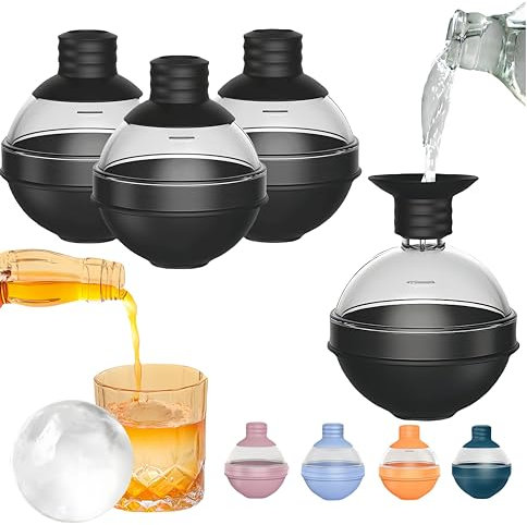wigmoa【Set of 4】 Ice Ball molds for Cocktails, Bourbon, Whiskey Round Silicone Sphere Ice Molds with Funnel, Large Ice Cube Maker 2.4 Inch Ice Big Balls Trays, 2-in-1 Funnel Lid W-K8 (Black)