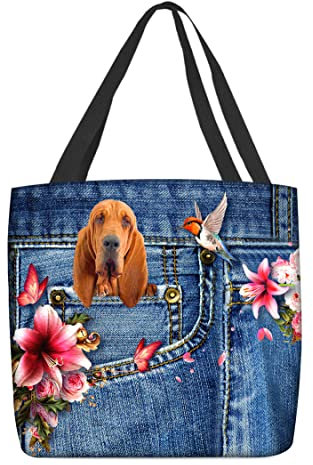 Strandtasche Bluthund Hund Schmetterlinge Lilien Jean Muster Strand Reisetaschen Geräumige Umhängetasche Unisex Umhängetasche Mit Sommer Für Büro, Shopper, Sommer