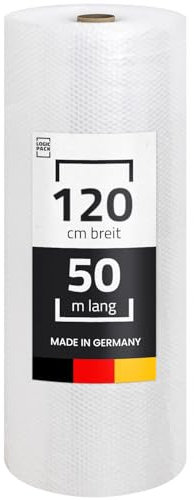 LOGIC PACK Luftpolsterfolie Rolle 50m x 120cm, 50my 2-lagig - Bubble Wrap Verpackungsmaterial für Umzug, Versand, Verpackung, Premium Starke Noppenfolie Polstermaterial 100% recycelbar LPF Rolle