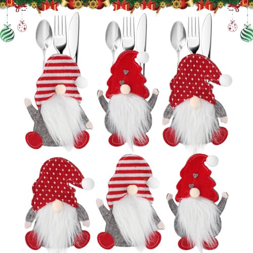 IHLOOTD Porta Cubiertos Navidad Bolsa 6 Piezas Bolsita Decoracion Mesa Adornos Cubiertos de Muñeco Sin Rostro Gnomos Navideña Adecuado Decoración para Fiestas y Cenas Familiares