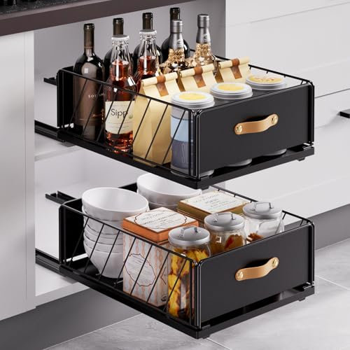 Alishomtll Cajón telescópico extraíble para armario de cocina, armario organizador de metal sin taladrar con asa, para cocina, baño, salón, 30 x 40 x 15,5 cm, negro