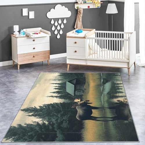 Teppich Elche vor altem Holzhaus Teppich WohnzimmerModerner Kurzflor Schlafzimmer Waschbar rutschfest Design 120 x 180 cm für Esszimmer Büro Bereich Dekor Schwarz Grün