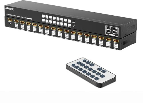 Arvitek 16 Port KVM Switch HDMI, 16 in 1 Out Rack Mount KVM 4K@30Hz with 4 USB 2.0 Hubs, 16 Computers Share 1 Set of Monitor, Keyboard, Mouse, Included 16 HDMI Cables + 16 USB-B Cables + IR Remote