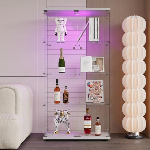 WOBOPCG Vitrina de cristal con iluminación LED, vitrina moderna para salón, oficina, colector, libros y vino (4 niveles, 2 puertos+LED, blanco)