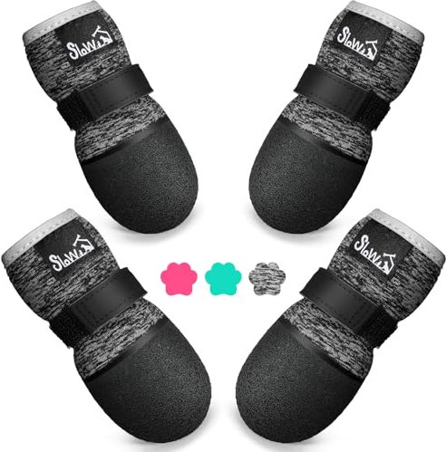 Eyein Hundeschuhe Pfotenschutz, Atmungsaktive & Rutschfeste Hundesocken für Hartholzböden und heiße Sommerböden, reflektierender Hundeschuhe mit Klettverschluss für Spaziergänge im Freien (Schwarz, 5)