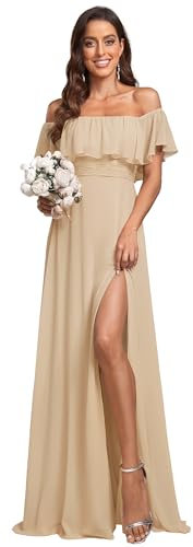 Ever-Pretty Women's Maxi Off The Shoulder Prom Bridesmaid Dress with Thigh High Slit Champagne 16UK