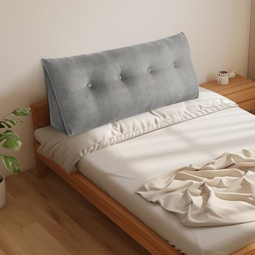 OHMG 120/140/160/180/200 cm Rückenkissen, geeignet für Bett und Sofa, Lendenkissen, Lesekissen, Kissen mit abnehmbarem Nackenband und waschbarem Bezug, praktische Seitentasche (Grau, 120CM)