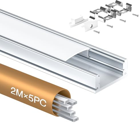 Shine Plus LED Profil U-Form 2m × 5 Stück, Schiene aus eloxiertem Aluminium, kanal für Streifen bis 12mm, diffusor für gleichmäßige Lichtverteilung (5×2 Meter)