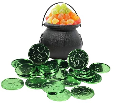 Dekorativer schwarzer Kessel – Kesseltopf für St. Patrick's Day, Bonbonhalter mit Griff | Kobold Kessel mit 50 -Münzen, Hexentopf für Partydekorationen, magische Vase