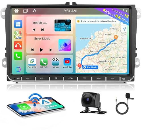 Hikity 8 Core 4+64G Android 15 Autoradio para VW Golf 5 6 Passat Polo Tiguan Touran Caddy Skoda Radio Wireless CarPlay Android Auto Bluetooth 9 Pantalla GPS WiFi EQ FM RDS Pomo