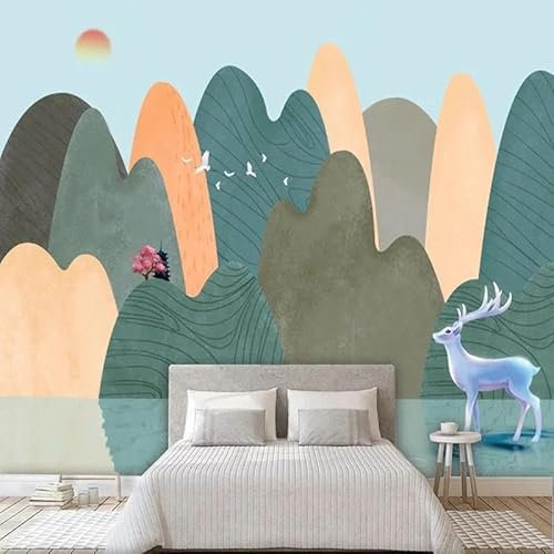 Tzxztt Cartoon Mountain Moose Bird Sunrise Papier Peint 3d Moderne En Soie GaufréE MatéRiau IdéAl Pour Le Salon Et La Chambre à Coucher-350cm×256cm