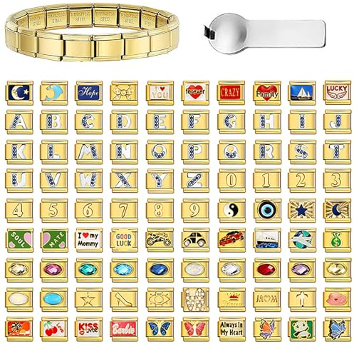 Lrioehny Ensemble de Bracelets à Breloques Italiens en Or, 10 Breloques Personnalisées, Bijoux Faits Main Avec Outil, Bracelet à Breloques Italien pour Apple Watch, Maillons Modulaires de 9 mm