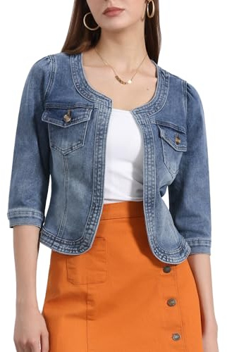 Allegra K Women's Denim Cardigan 3/4 Sleeve Collarless Jean Jackets | 3/4 Sleeve, Round Neck, Patch Pockets, Cropped Length, Open Front, Casual Jean Jacket