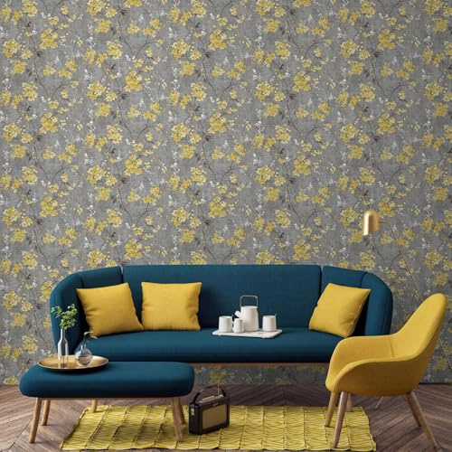 SOPHIE LAURENCE Charcoal & Ochre Oriental Trail Vinyl Wallpaper | Metallic Mustard Floral Design | Paste The Wall | Washable | Textured | 10M x 0.53M Roll Living Room Bedroom Hallway Wall Paper