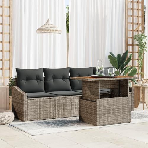 IBUQDDV 5-teiliges Gartentisch-Set mit Kissen Grau Poly Rattan Akazie höhenverstellbarer Tisch mit Stauraumfächern für Terrasse Balkon Outdoor Möbel Gartenmöbel