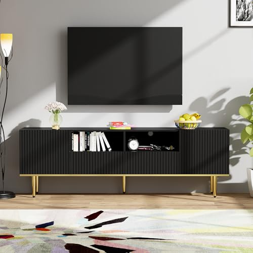 Meuble TV Moderne, Meuble TV avec Pieds Dorés et Bord Doré, Plan en Panneau de Particules, Noir, pour Téléviseurs 60-69 Pouces, Dimensions 165x36x55 cm