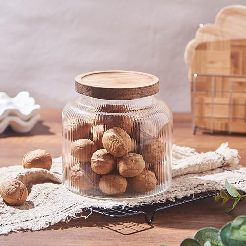 Eden & Willow Large Ribbed Wide Mouth Glass Storage Jar with Airtight Acacia Wooden Lid – Clear Kitchen Canister for bulk storage – Pantry Organisation (1, 2L)