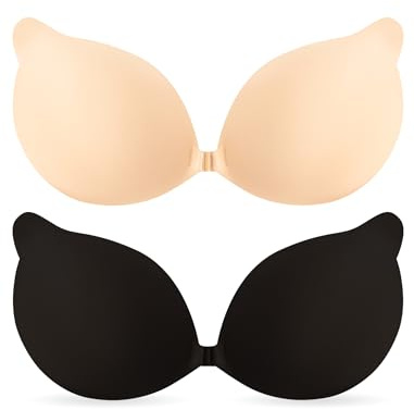 Stick on Bra Strapless Bras for Women Backless Sticky Bra Push up Support Invisible Women's Adhesive Bras Silicone Push up Sticky Perfect for Large Small Breasts (UK, Cup & Band, E, Beige+Black)