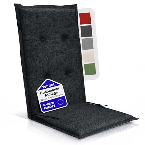 Relexo PREMIUM - Hochlehner Auflage Gartenstuhl – Hochlehner Stuhlauflage mit Polster, Outdoor Sitzkissen & Stuhlkissen für Gartenmöbel Auflage wetterfest, Sitzkissen bequem (Schwarz, 1er Set)